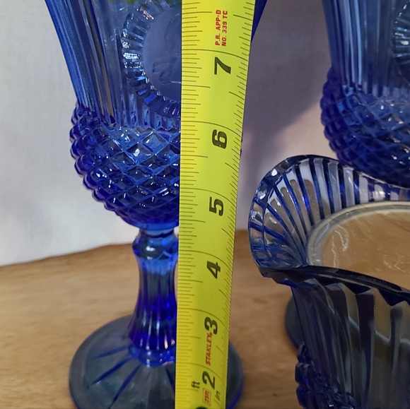 Vintage Fostoria Cobalt Blue Avon Pitcher/Creamer and Two Goblets W/ Orig Candle - Picture 9 of 11